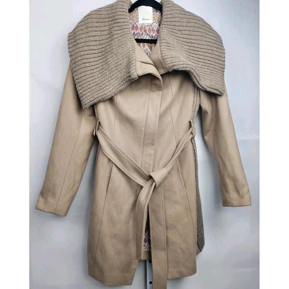 Anthropologie Elevenses Judith Wool Blend Belted Trench Coat w/ Knit Collar SZ 6